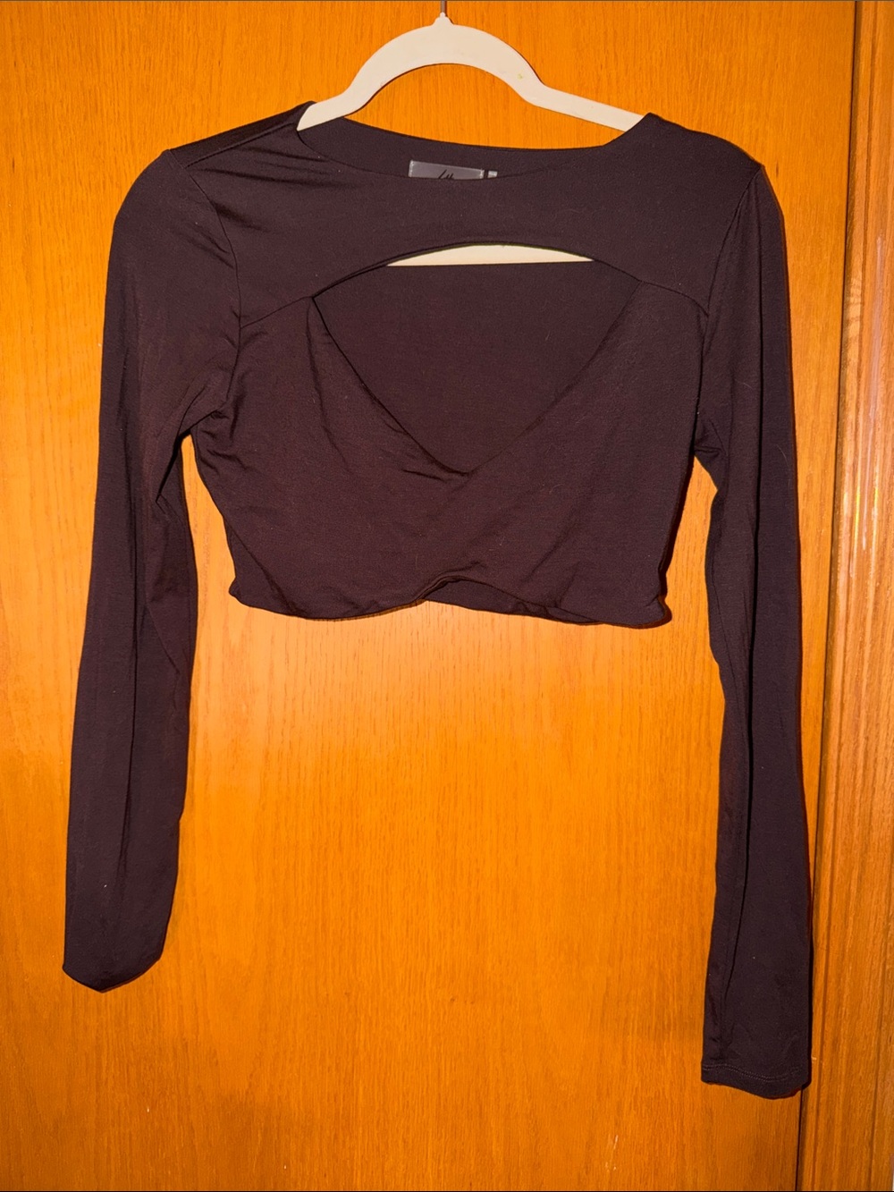 Long Sleeve Brown Crop Top with Front Cutout